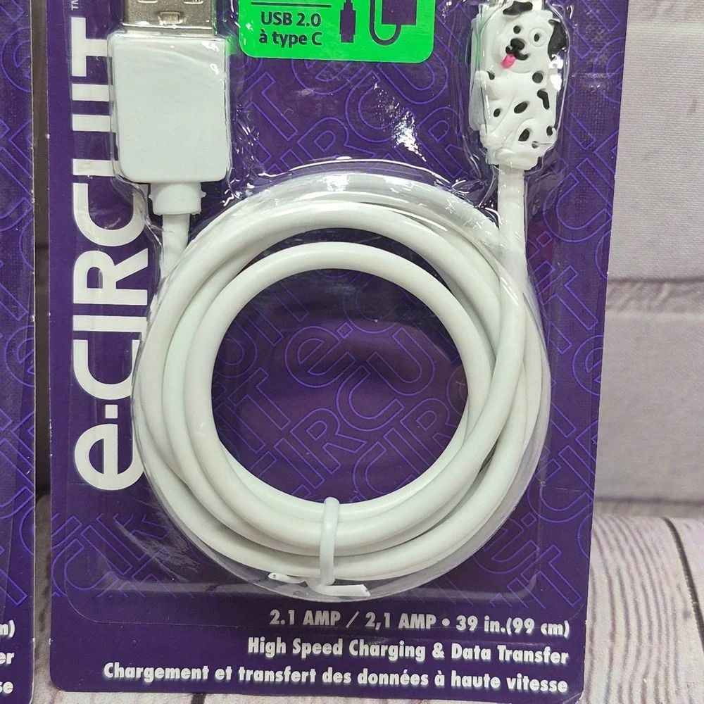 E-Circuit 2PK Dalmatian Dog USB-A to USB-C Charging Data Cable 39in White 2.1A